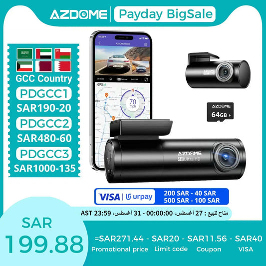 AZDOME M300S 4K Dash Cam Front and Rear, 5.8G WiFi GPS Dash Camera for Cars, Free 64GB SD Card, Voice Control, WDR Night Vision